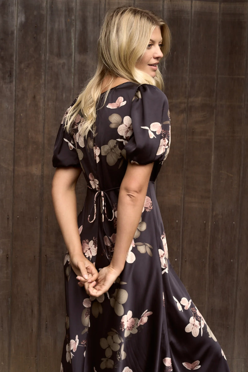 Stories Be Told Stage Black Floral Satin Puff Sleeve Floaty Maxi Dress - Black Floral