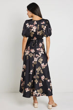 Stories Be Told Stage Black Floral Satin Puff Sleeve Floaty Maxi Dress - Black Floral