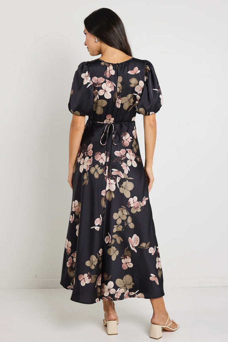 Stories Be Told Stage Black Floral Satin Puff Sleeve Floaty Maxi Dress - Black Floral