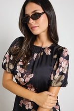 Stories Be Told Stage Black Floral Satin Puff Sleeve Floaty Maxi Dress - Black Floral