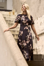 Stories Be Told Stage Black Floral Satin Puff Sleeve Floaty Maxi Dress - Black Floral