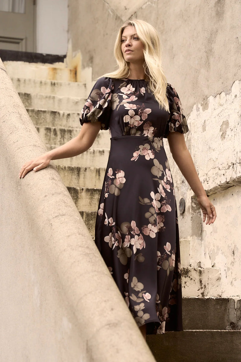 Stories Be Told Stage Black Floral Satin Puff Sleeve Floaty Maxi Dress - Black Floral