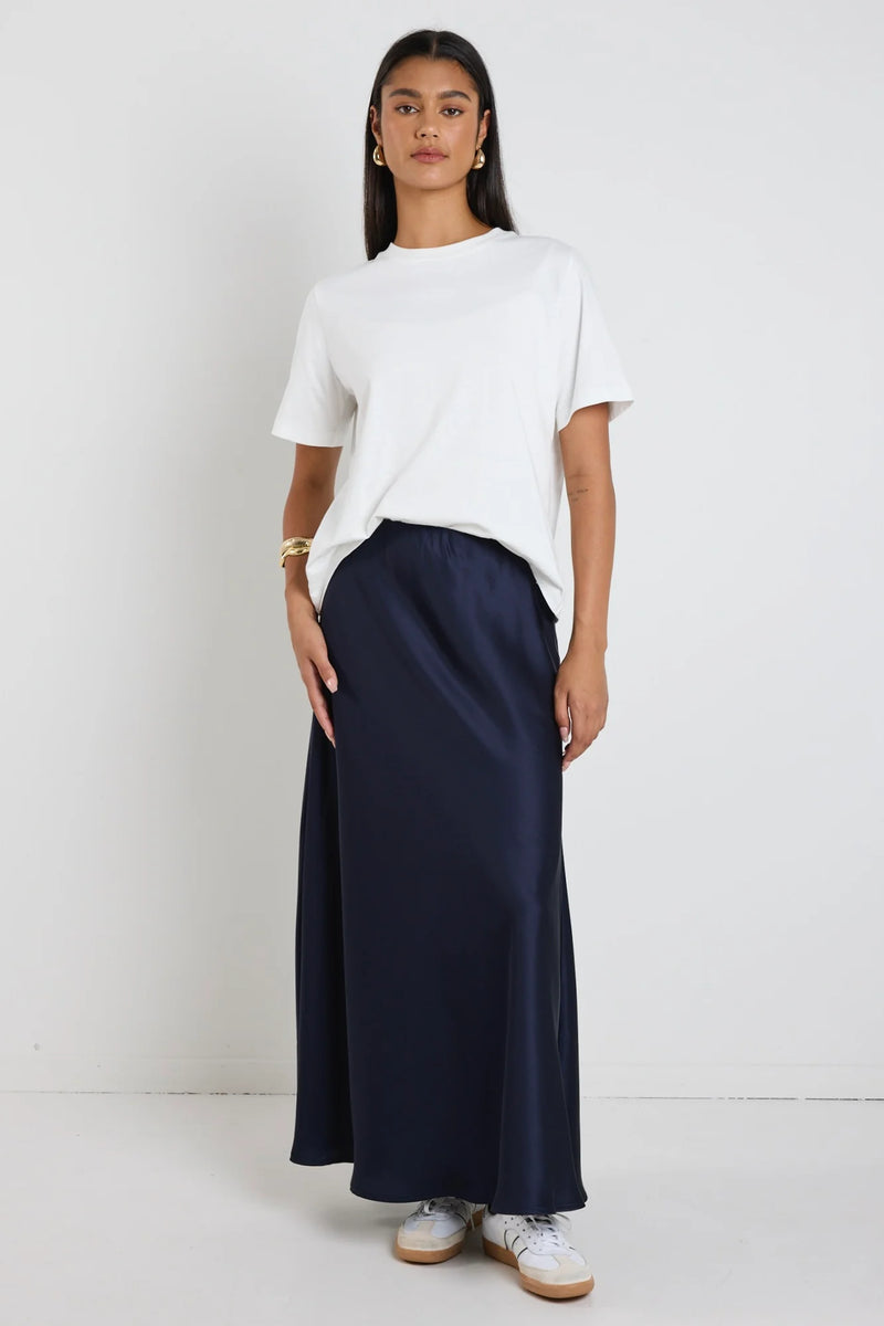 By Rosa Preserve Navy Floaty Satin Bias Maxi Skirt - Navy