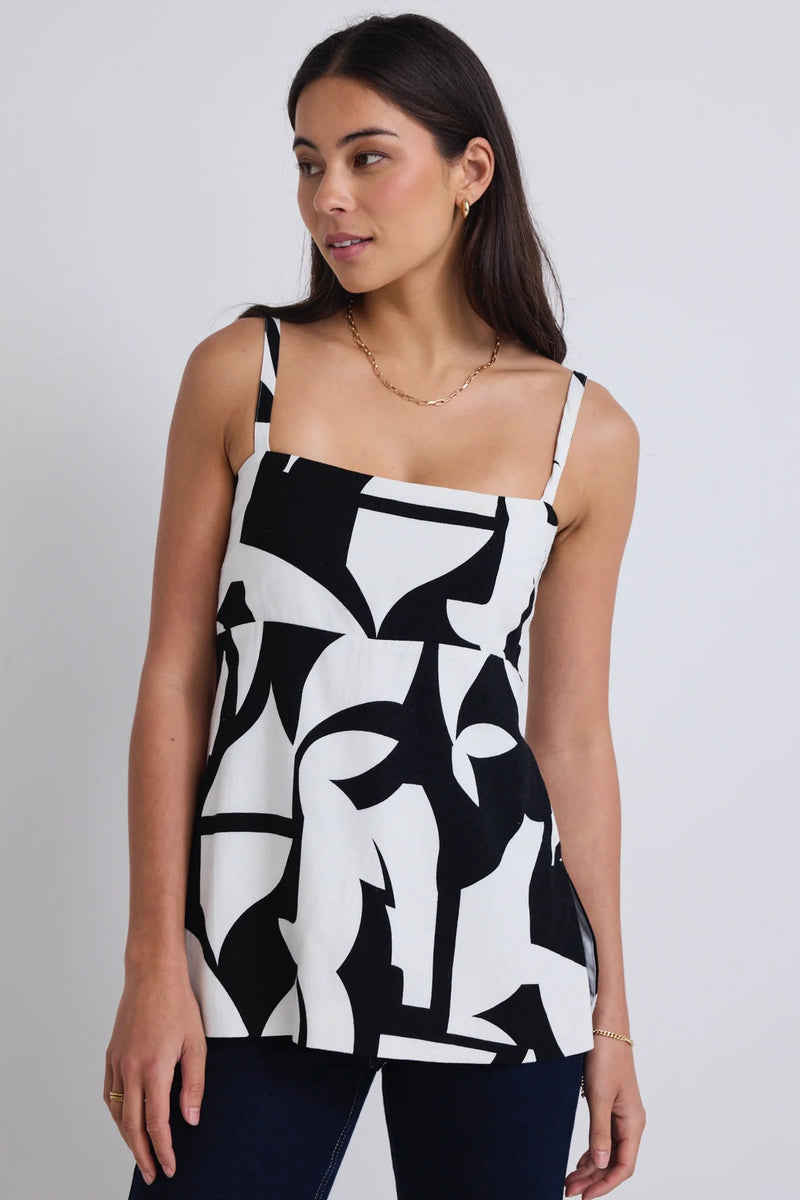 Stories Be Told - Sunkissed Black White Cutout Print Split Hem Cami Top