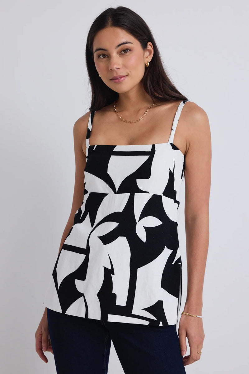 Stories Be Told - Sunkissed Black White Cutout Print Split Hem Cami Top