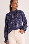 Among the Brave Together Blue Hibiscus LS Frill Neck Top