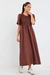 RE: Union Label Wren Chocolate Linen Blend SS Shirred Bodice Midi Dress - Chocolate