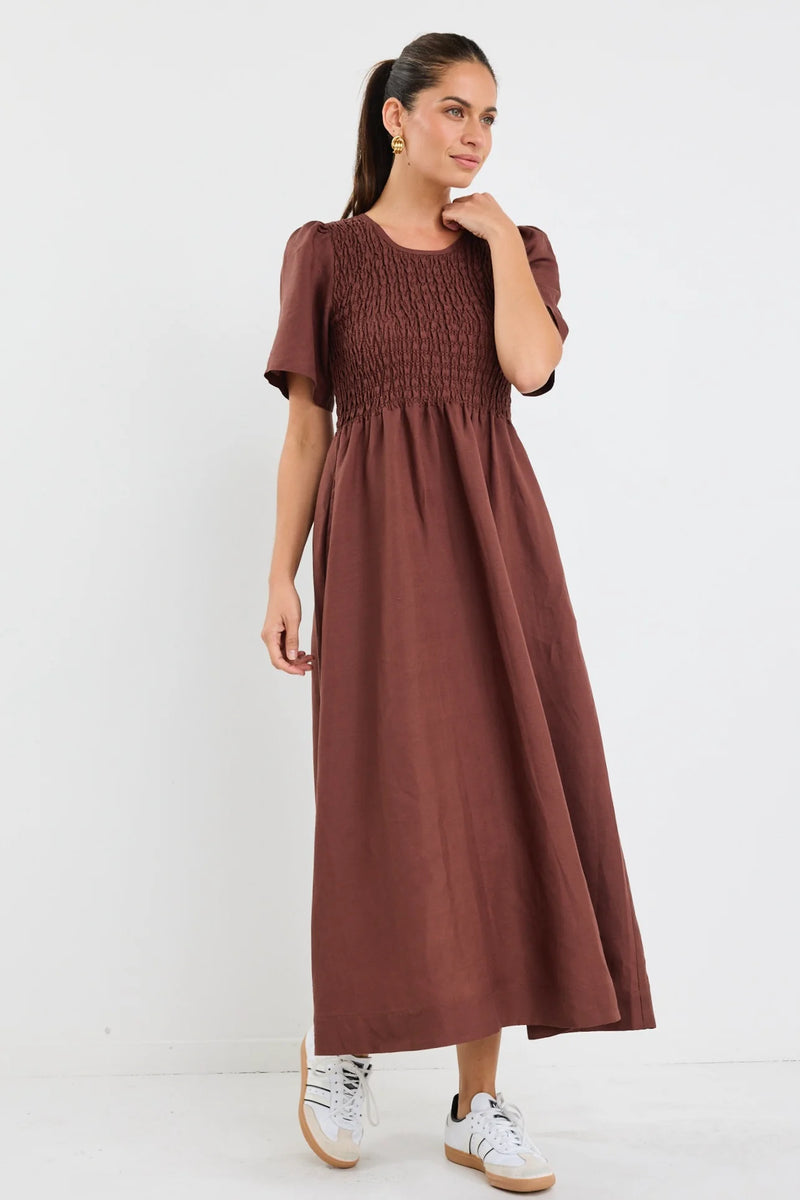 RE: Union Label Wren Chocolate Linen Blend SS Shirred Bodice Midi Dress - Chocolate