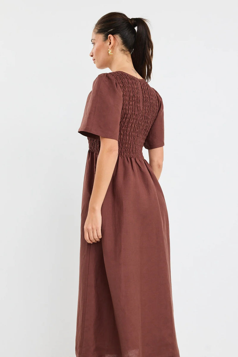 RE: Union Label Wren Chocolate Linen Blend SS Shirred Bodice Midi Dress - Chocolate