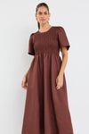 RE: Union Label Wren Chocolate Linen Blend SS Shirred Bodice Midi Dress - Chocolate