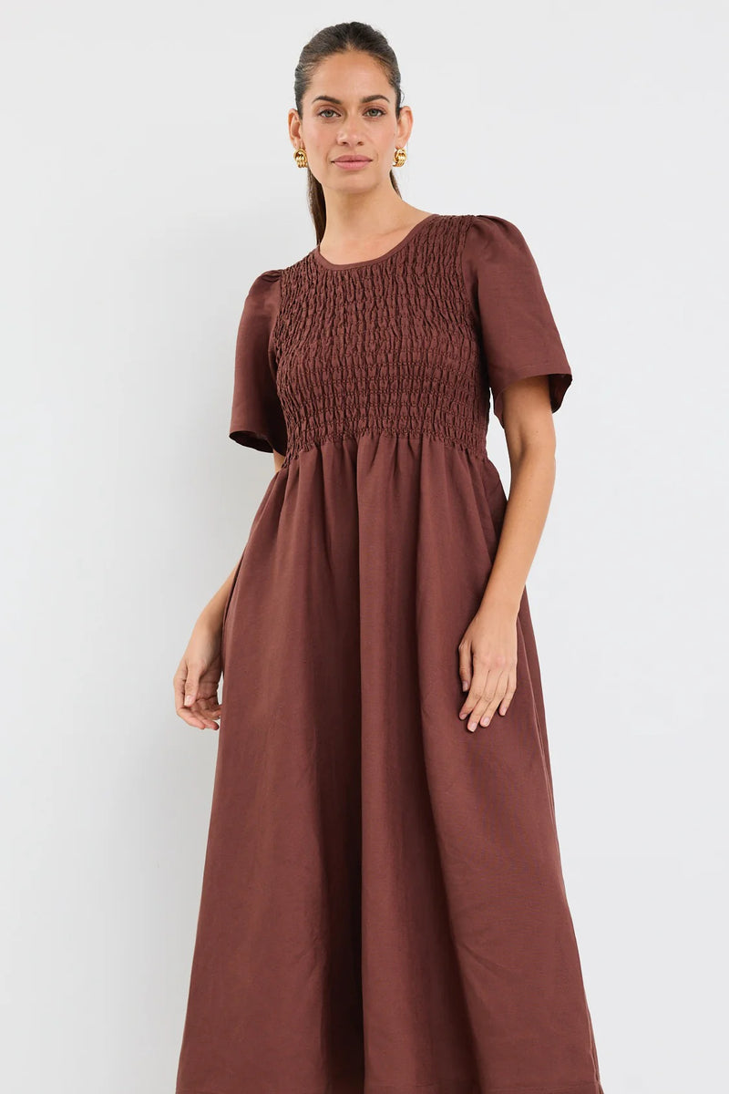 RE: Union Label Wren Chocolate Linen Blend SS Shirred Bodice Midi Dress - Chocolate