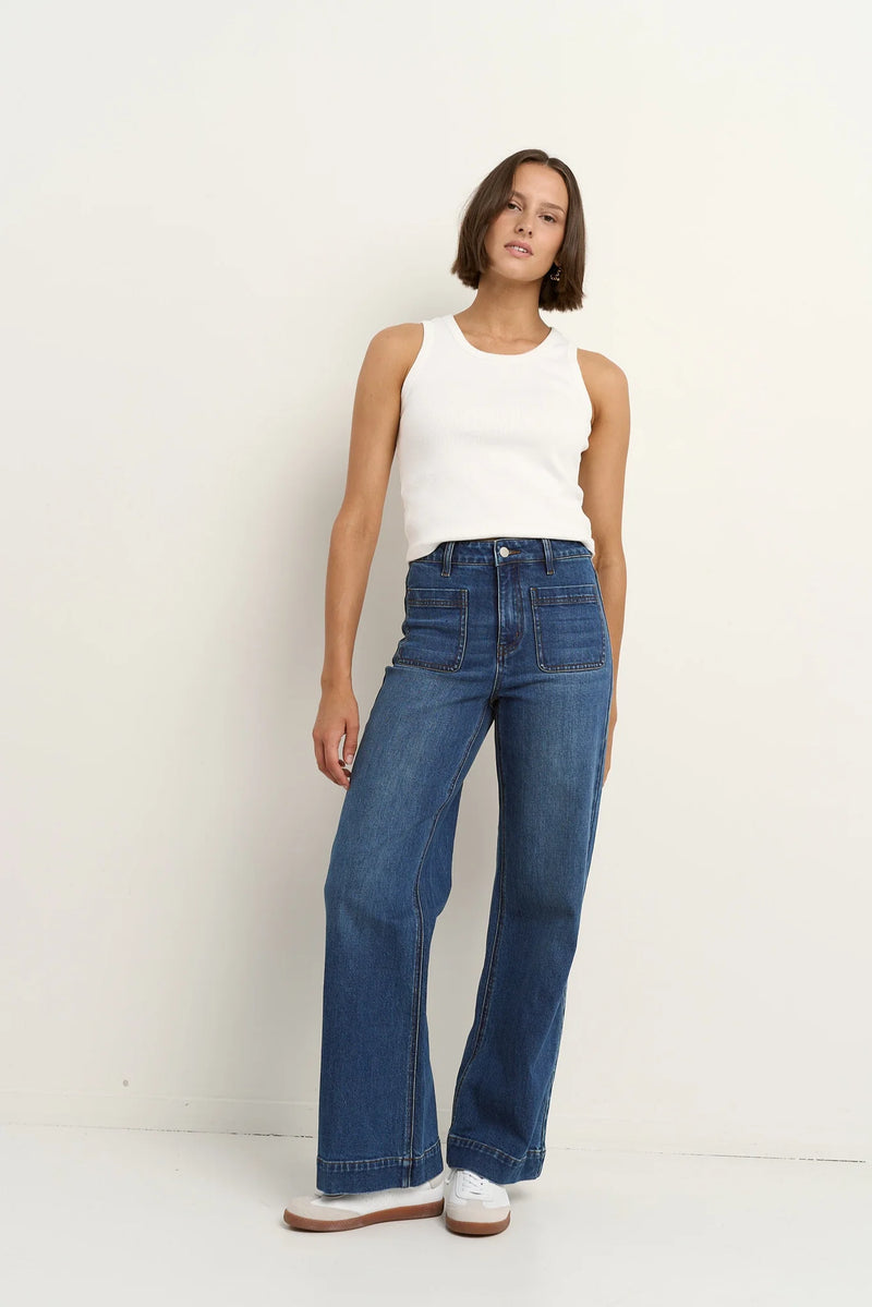 Among The Brave Zoey Marine Blue High Rise Wide Leg Pocket Jean - Marine Blue