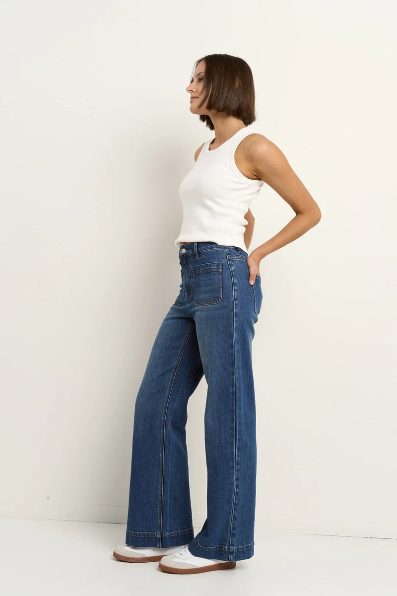 Among The Brave Zoey Marine Blue High Rise Wide Leg Pocket Jean - Marine Blue