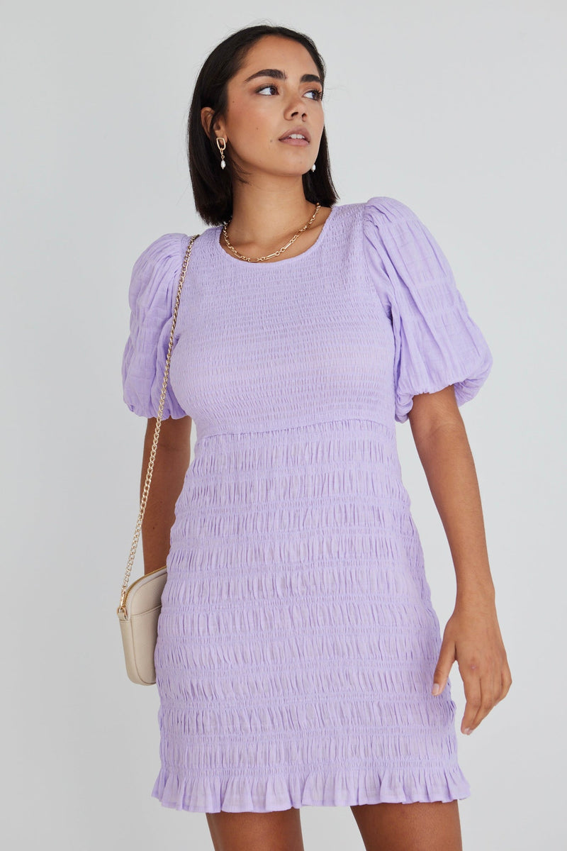 Ivy + Jack Bijou Lilac Puff SS Shirred Body Mini Dress - Lilac