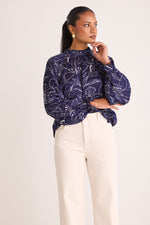 Among the Brave Together Blue Hibiscus LS Frill Neck Top