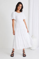 Ivy + Jack Graceful Shirred Cotton Bubble Sleeve Tiered Maxi Dress - White