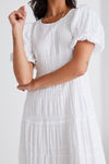 Ivy + Jack Graceful Shirred Cotton Bubble Sleeve Tiered Maxi Dress - White