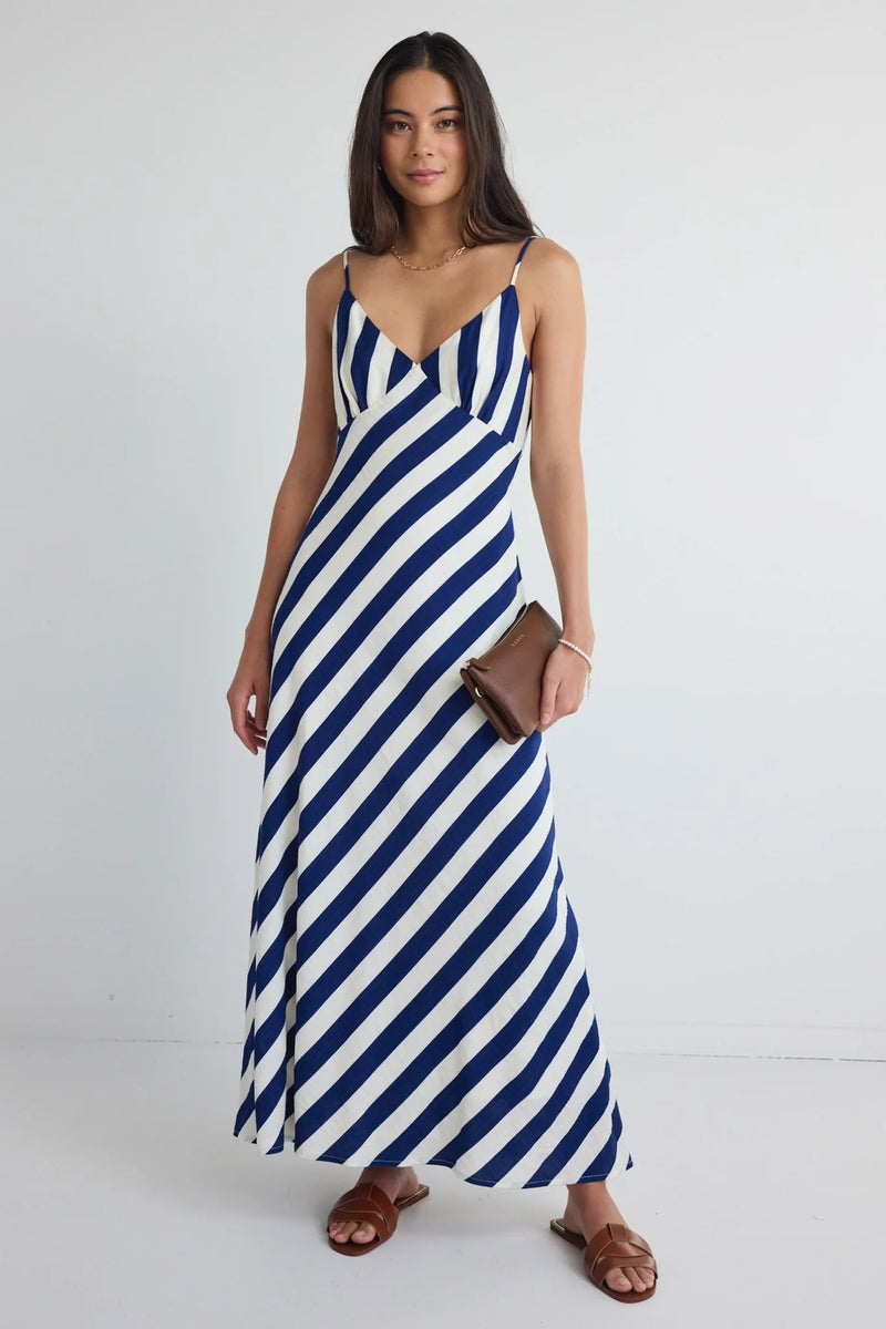 Among The Brave Otherworldly Navy Stripe Bias Slip Midi Dress - Navy Stripe