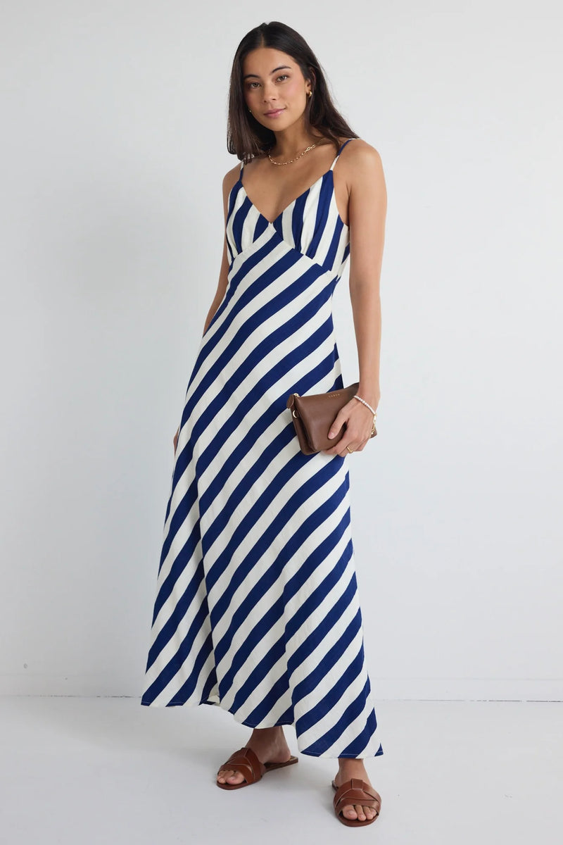 Among The Brave Otherworldly Navy Stripe Bias Slip Midi Dress - Navy Stripe