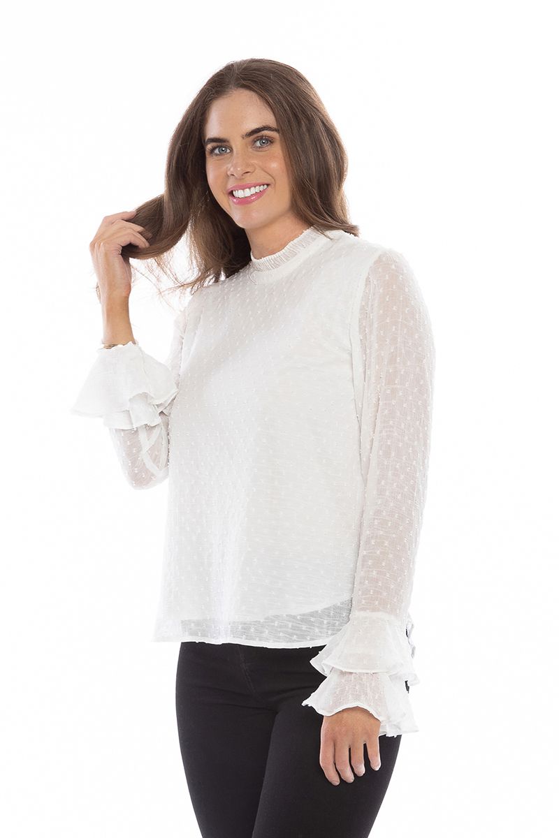 Seeking Lola Ruffle Top - White Dobby