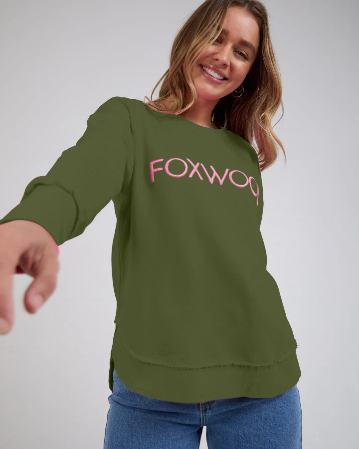 Foxwood Simplified Metallic Crew - Olive with Pink logo