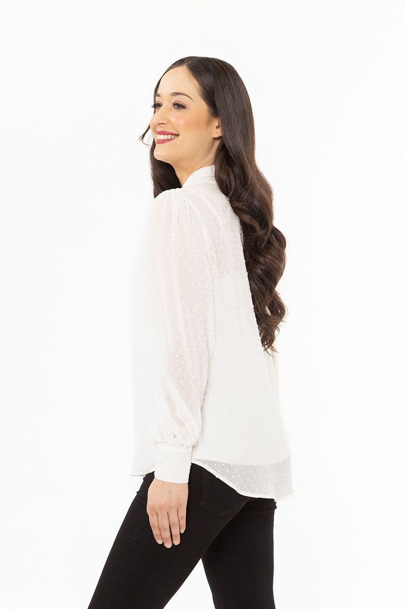 Billie the Label Kitty Bow Neck Blouse - White Dobby